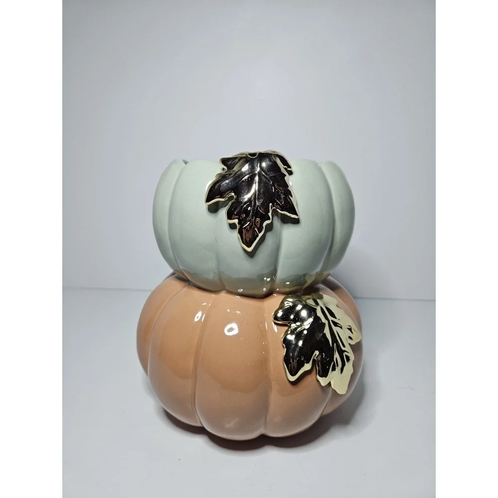 Bath Body Works Stacked Pumpkin 3 Wick Candle Holder Ceramic Gold Leaf Fall 8in